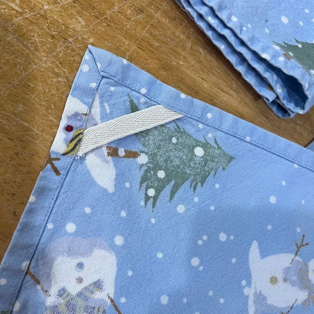 Crate & Barrel Blue Snowman Trees Cotton Kitchen Towels Set of 2 Vtg Holiday